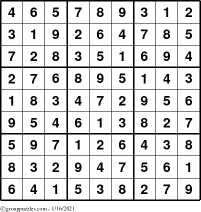 The grouppuzzles.com Answer grid for the Sudoku puzzle for Saturday January 16, 2021