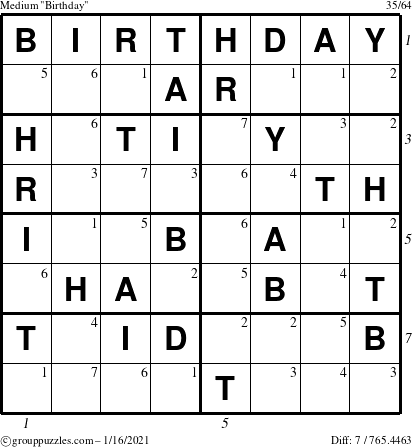 The grouppuzzles.com Medium Birthday puzzle for Saturday January 16, 2021 with all 7 steps marked