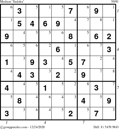 The grouppuzzles.com Medium Sudoku puzzle for Thursday December 24, 2020 with all 8 steps marked