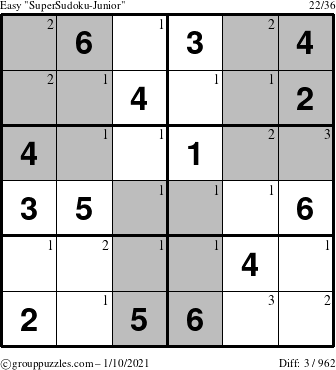 The grouppuzzles.com Easy SuperSudoku-Junior puzzle for Sunday January 10, 2021 with the first 3 steps marked