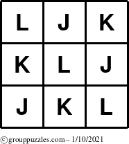 The grouppuzzles.com Answer grid for the TicTac-JKL puzzle for Sunday January 10, 2021