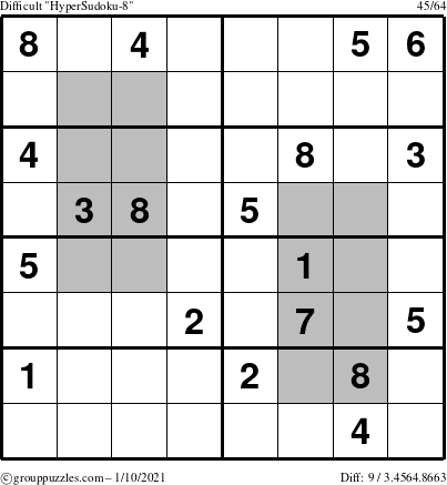 The grouppuzzles.com Difficult HyperSudoku-8 puzzle for Sunday January 10, 2021