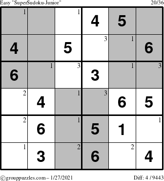 The grouppuzzles.com Easy SuperSudoku-Junior puzzle for Wednesday January 27, 2021 with the first 3 steps marked