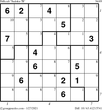 The grouppuzzles.com Difficult Sudoku-7B puzzle for Wednesday January 27, 2021 with all 10 steps marked