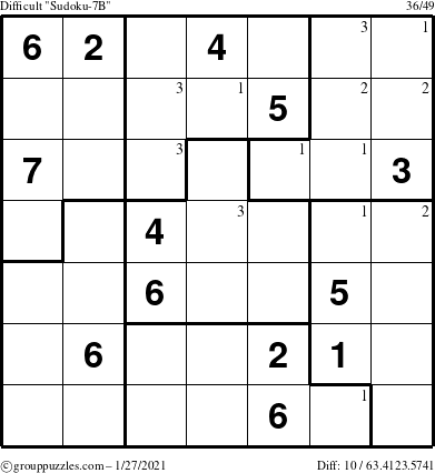The grouppuzzles.com Difficult Sudoku-7B puzzle for Wednesday January 27, 2021 with the first 3 steps marked