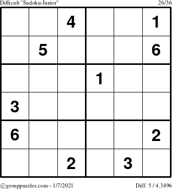 The grouppuzzles.com Difficult Sudoku-Junior puzzle for Thursday January 7, 2021