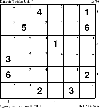 The grouppuzzles.com Difficult Sudoku-Junior puzzle for Thursday January 7, 2021 with all 5 steps marked