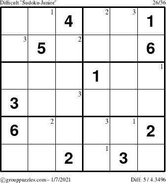 The grouppuzzles.com Difficult Sudoku-Junior puzzle for Thursday January 7, 2021 with the first 3 steps marked
