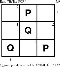 The grouppuzzles.com Easy TicTac-PQR puzzle for Friday December 18, 2020 with all 2 steps marked
