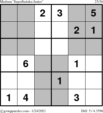 The grouppuzzles.com Medium SuperSudoku-Junior puzzle for Sunday January 24, 2021