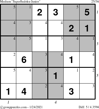 The grouppuzzles.com Medium SuperSudoku-Junior puzzle for Sunday January 24, 2021 with all 5 steps marked