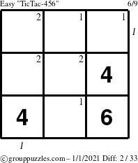 The grouppuzzles.com Easy TicTac-456 puzzle for Friday January 1, 2021 with all 2 steps marked