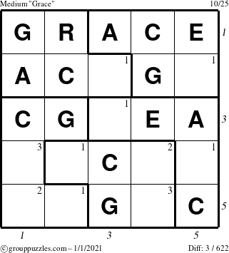 The grouppuzzles.com Medium Grace puzzle for Friday January 1, 2021 with all 3 steps marked