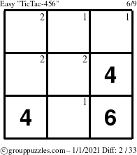 The grouppuzzles.com Easy TicTac-456 puzzle for Friday January 1, 2021 with the first 2 steps marked