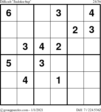 The grouppuzzles.com Difficult Sudoku-6up puzzle for Friday January 1, 2021