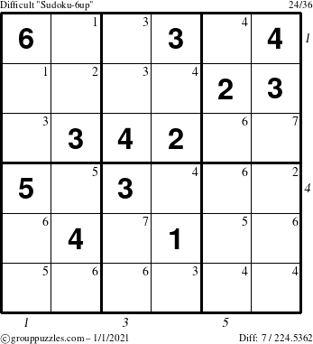 The grouppuzzles.com Difficult Sudoku-6up puzzle for Friday January 1, 2021 with all 7 steps marked