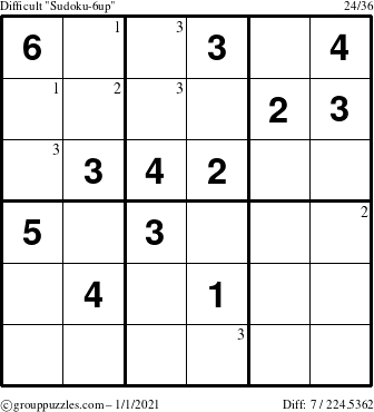 The grouppuzzles.com Difficult Sudoku-6up puzzle for Friday January 1, 2021 with the first 3 steps marked
