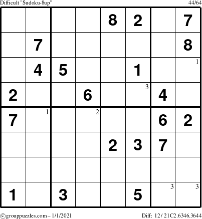 The grouppuzzles.com Difficult Sudoku-8up puzzle for Friday January 1, 2021 with the first 3 steps marked