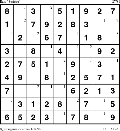 The grouppuzzles.com Easy Sudoku puzzle for Friday January 1, 2021 with the first 3 steps marked