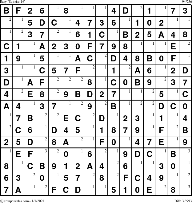 The grouppuzzles.com Easy Sudoku-16 puzzle for Friday January 1, 2021 with the first 3 steps marked