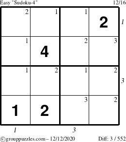 The grouppuzzles.com Easy Sudoku-4 puzzle for Saturday December 12, 2020 with all 3 steps marked