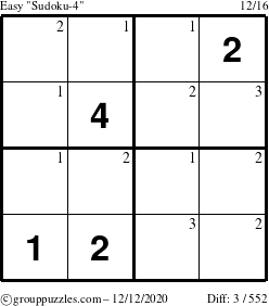 The grouppuzzles.com Easy Sudoku-4 puzzle for Saturday December 12, 2020 with the first 3 steps marked