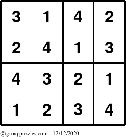 The grouppuzzles.com Answer grid for the Sudoku-4 puzzle for Saturday December 12, 2020