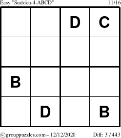 The grouppuzzles.com Easy Sudoku-4-ABCD puzzle for Saturday December 12, 2020