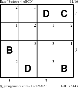 The grouppuzzles.com Easy Sudoku-4-ABCD puzzle for Saturday December 12, 2020 with all 3 steps marked