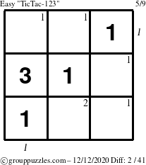 The grouppuzzles.com Easy TicTac-123 puzzle for Saturday December 12, 2020 with all 2 steps marked