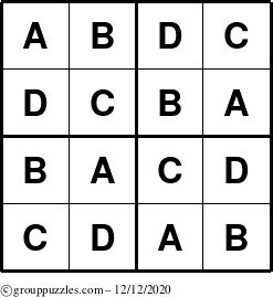 The grouppuzzles.com Answer grid for the Sudoku-4-ABCD puzzle for Saturday December 12, 2020