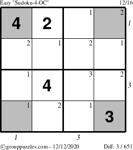The grouppuzzles.com Easy Sudoku-4-OC puzzle for Saturday December 12, 2020 with all 3 steps marked