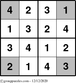 The grouppuzzles.com Answer grid for the Sudoku-4-OC puzzle for Saturday December 12, 2020