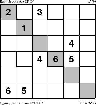 The grouppuzzles.com Easy Sudoku-6up-UR-D puzzle for Saturday December 12, 2020