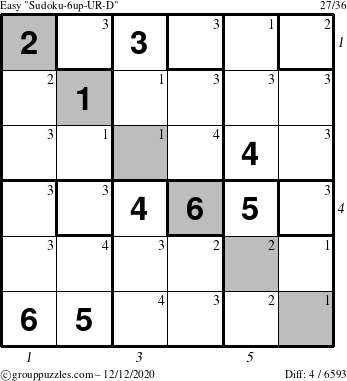 The grouppuzzles.com Easy Sudoku-6up-UR-D puzzle for Saturday December 12, 2020 with all 4 steps marked