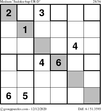 The grouppuzzles.com Medium Sudoku-6up-UR-D puzzle for Saturday December 12, 2020