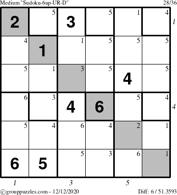 The grouppuzzles.com Medium Sudoku-6up-UR-D puzzle for Saturday December 12, 2020 with all 6 steps marked