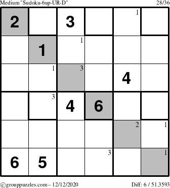 The grouppuzzles.com Medium Sudoku-6up-UR-D puzzle for Saturday December 12, 2020 with the first 3 steps marked