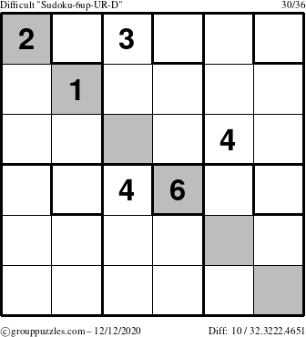 The grouppuzzles.com Difficult Sudoku-6up-UR-D puzzle for Saturday December 12, 2020