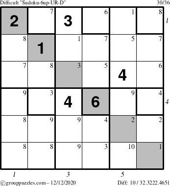 The grouppuzzles.com Difficult Sudoku-6up-UR-D puzzle for Saturday December 12, 2020 with all 10 steps marked