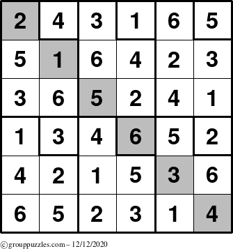 The grouppuzzles.com Answer grid for the Sudoku-6up-UR-D puzzle for Saturday December 12, 2020
