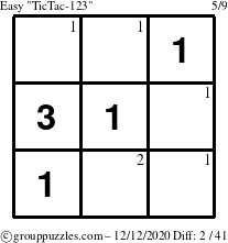 The grouppuzzles.com Easy TicTac-123 puzzle for Saturday December 12, 2020 with the first 2 steps marked
