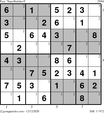 The grouppuzzles.com Easy SuperSudoku-8 puzzle for Saturday December 12, 2020 with all 3 steps marked