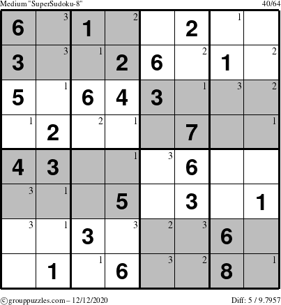 The grouppuzzles.com Medium SuperSudoku-8 puzzle for Saturday December 12, 2020 with the first 3 steps marked