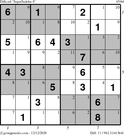 The grouppuzzles.com Difficult SuperSudoku-8 puzzle for Saturday December 12, 2020 with all 11 steps marked