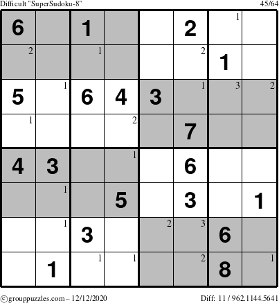 The grouppuzzles.com Difficult SuperSudoku-8 puzzle for Saturday December 12, 2020 with the first 3 steps marked
