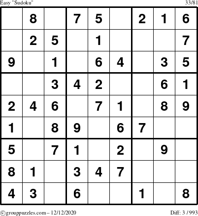 The grouppuzzles.com Easy Sudoku puzzle for Saturday December 12, 2020