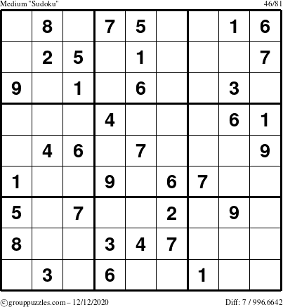 The grouppuzzles.com Medium Sudoku puzzle for Saturday December 12, 2020