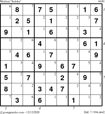 The grouppuzzles.com Medium Sudoku puzzle for Saturday December 12, 2020, suitable for printing, with all 7 steps marked