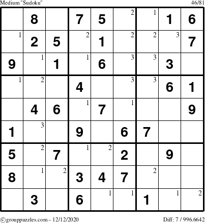 The grouppuzzles.com Medium Sudoku puzzle for Saturday December 12, 2020 with the first 3 steps marked